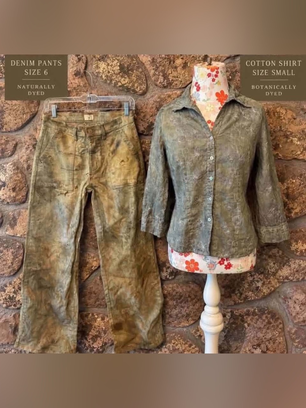 Botanically Dyed flower embroidered linen blouse & tyedye olive Green Denim Pant